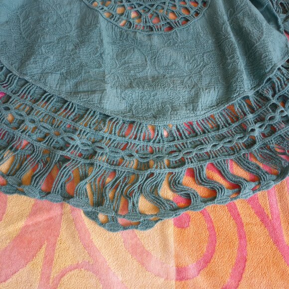 Trendy teal Boho open crochet top shirt cover up - Picture 10 of 15